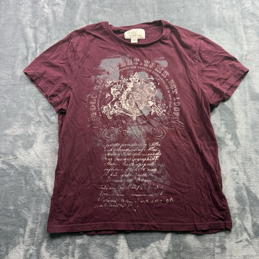 Polo Ralph Lauren Mens Large Burgundy Graphic T Shirt Crest Distressed Y2K